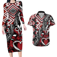 Aotearoa Maori Moko Art with Taniko Half Style Couples Matching Long Sleeve Bodycon Dress and Hawaiian Shirt LT03 Black - Polynesian Pride