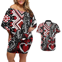 Aotearoa Maori Moko Art with Taniko Half Style Couples Matching Off Shoulder Short Dress and Hawaiian Shirt LT03 Black - Polynesian Pride