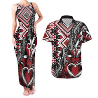 Aotearoa Maori Moko Art with Taniko Half Style Couples Matching Tank Maxi Dress and Hawaiian Shirt LT03 Black - Polynesian Pride