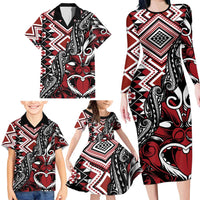 Aotearoa Maori Moko Art with Taniko Half Style Family Matching Long Sleeve Bodycon Dress and Hawaiian Shirt LT03 - Polynesian Pride