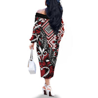 Aotearoa Maori Moko Art with Taniko Half Style Family Matching Off The Shoulder Long Sleeve Dress and Hawaiian Shirt LT03 - Polynesian Pride