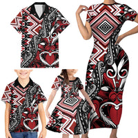 Aotearoa Maori Moko Art with Taniko Half Style Family Matching Short Sleeve Bodycon Dress and Hawaiian Shirt LT03 - Polynesian Pride