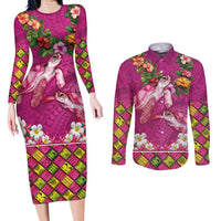 Hawaiian Lei Turtle and Plumeria Couples Matching Long Sleeve Bodycon Dress and Long Sleeve Button Shirt Polynerian Art Tattoo-Plum Pink Color LT03 Pink - Polynesian Pride