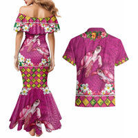 Hawaiian Lei Turtle and Plumeria Couples Matching Mermaid Dress and Hawaiian Shirt Polynerian Art Tattoo-Plum Pink Color LT03 - Polynesian Pride