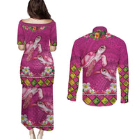 Hawaiian Lei Turtle and Plumeria Couples Matching Puletasi and Long Sleeve Button Shirt Polynerian Art Tattoo-Plum Pink Color LT03 - Polynesian Pride