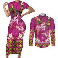 Hawaiian Lei Turtle and Plumeria Couples Matching Short Sleeve Bodycon Dress and Long Sleeve Button Shirt Polynerian Art Tattoo-Plum Pink Color LT03 Pink - Polynesian Pride
