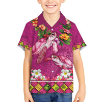 Hawaiian Lei Turtle and Plumeria Family Matching Off The Shoulder Long Sleeve Dress and Hawaiian Shirt Polynerian Art Tattoo-Plum Pink Color LT03 Son's Shirt Pink - Polynesian Pride