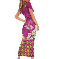Hawaiian Lei Turtle and Plumeria Family Matching Short Sleeve Bodycon Dress and Hawaiian Shirt Polynerian Art Tattoo-Plum Pink Color LT03 - Polynesian Pride