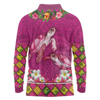 Hawaiian Lei Turtle and Plumeria Long Sleeve Polo Shirt Polynerian Art Tattoo-Plum Pink Color LT03 - Polynesian Pride