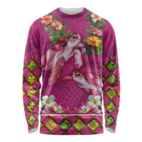 Hawaiian Lei Turtle and Plumeria Long Sleeve Shirt Polynerian Art Tattoo-Plum Pink Color LT03 Unisex Pink - Polynesian Pride