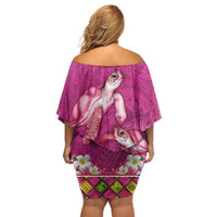 Hawaiian Lei Turtle and Plumeria Off Shoulder Short Dress Polynerian Art Tattoo-Plum Pink Color LT03 - Polynesian Pride