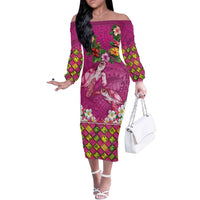 Hawaiian Lei Turtle and Plumeria Off The Shoulder Long Sleeve Dress Polynerian Art Tattoo-Plum Pink Color LT03 Women Pink - Polynesian Pride