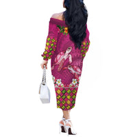 Hawaiian Lei Turtle and Plumeria Off The Shoulder Long Sleeve Dress Polynerian Art Tattoo-Plum Pink Color LT03 - Polynesian Pride