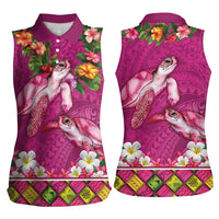 Hawaiian Lei Turtle and Plumeria Women Sleeveless Polo Shirt Polynerian Art Tattoo-Plum Pink Color LT03 - Polynesian Pride