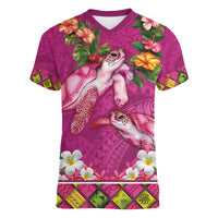 Hawaiian Lei Turtle and Plumeria Women V-Neck T-Shirt Polynerian Art Tattoo-Plum Pink Color LT03 Female Pink - Polynesian Pride