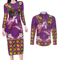Hawaiian Lei Turtle and Plumeria Couples Matching Long Sleeve Bodycon Dress and Long Sleeve Button Shirt Polynerian Art Tattoo-Mauve Color LT03 Purple - Polynesian Pride