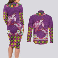 Hawaiian Lei Turtle and Plumeria Couples Matching Long Sleeve Bodycon Dress and Long Sleeve Button Shirt Polynerian Art Tattoo-Mauve Color LT03 - Polynesian Pride
