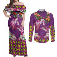 Hawaiian Lei Turtle and Plumeria Couples Matching Off Shoulder Maxi Dress and Long Sleeve Button Shirt Polynerian Art Tattoo-Mauve Color LT03 Purple - Polynesian Pride