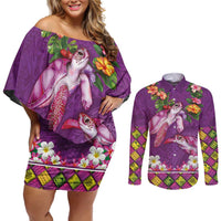 Hawaiian Lei Turtle and Plumeria Couples Matching Off Shoulder Short Dress and Long Sleeve Button Shirt Polynerian Art Tattoo-Mauve Color LT03 Purple - Polynesian Pride
