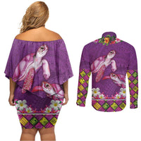 Hawaiian Lei Turtle and Plumeria Couples Matching Off Shoulder Short Dress and Long Sleeve Button Shirt Polynerian Art Tattoo-Mauve Color LT03 - Polynesian Pride