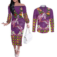Hawaiian Lei Turtle and Plumeria Couples Matching Off The Shoulder Long Sleeve Dress and Long Sleeve Button Shirt Polynerian Art Tattoo-Mauve Color LT03 Purple - Polynesian Pride