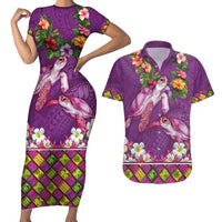 Hawaiian Lei Turtle and Plumeria Couples Matching Short Sleeve Bodycon Dress and Hawaiian Shirt Polynerian Art Tattoo-Mauve Color LT03 Purple - Polynesian Pride