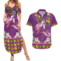 Hawaiian Lei Turtle and Plumeria Couples Matching Summer Maxi Dress and Hawaiian Shirt Polynerian Art Tattoo-Mauve Color LT03 Purple - Polynesian Pride