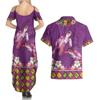 Hawaiian Lei Turtle and Plumeria Couples Matching Summer Maxi Dress and Hawaiian Shirt Polynerian Art Tattoo-Mauve Color LT03 - Polynesian Pride