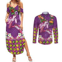 Hawaiian Lei Turtle and Plumeria Couples Matching Summer Maxi Dress and Long Sleeve Button Shirt Polynerian Art Tattoo-Mauve Color LT03 Purple - Polynesian Pride