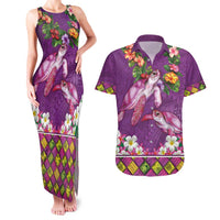 Hawaiian Lei Turtle and Plumeria Couples Matching Tank Maxi Dress and Hawaiian Shirt Polynerian Art Tattoo-Mauve Color LT03 Purple - Polynesian Pride