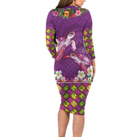 Hawaiian Lei Turtle and Plumeria Family Matching Long Sleeve Bodycon Dress and Hawaiian Shirt Polynerian Art Tattoo-Mauve Color LT03 - Polynesian Pride