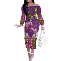 Hawaiian Lei Turtle and Plumeria Family Matching Off The Shoulder Long Sleeve Dress and Hawaiian Shirt Polynerian Art Tattoo-Mauve Color LT03 Mom's Dress Purple - Polynesian Pride
