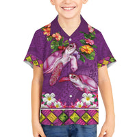Hawaiian Lei Turtle and Plumeria Family Matching Off The Shoulder Long Sleeve Dress and Hawaiian Shirt Polynerian Art Tattoo-Mauve Color LT03 Son's Shirt Purple - Polynesian Pride