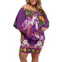 Hawaiian Lei Turtle and Plumeria Family Matching Off Shoulder Short Dress and Hawaiian Shirt Polynerian Art Tattoo-Mauve Color LT03 Mom's Dress Purple - Polynesian Pride