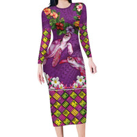 Hawaiian Lei Turtle and Plumeria Long Sleeve Bodycon Dress Polynerian Art Tattoo-Mauve Color LT03 Long Dress Purple - Polynesian Pride