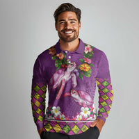 Hawaiian Lei Turtle and Plumeria Long Sleeve Polo Shirt Polynerian Art Tattoo-Mauve Color LT03 - Polynesian Pride