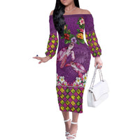 Hawaiian Lei Turtle and Plumeria Off The Shoulder Long Sleeve Dress Polynerian Art Tattoo-Mauve Color LT03 Women Purple - Polynesian Pride