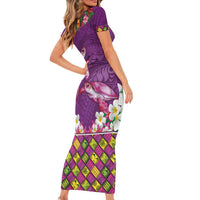 Hawaiian Lei Turtle and Plumeria Short Sleeve Bodycon Dress Polynerian Art Tattoo-Mauve Color LT03 - Polynesian Pride