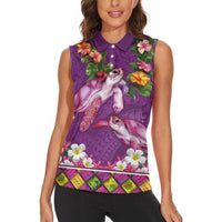 Hawaiian Lei Turtle and Plumeria Women Sleeveless Polo Shirt Polynerian Art Tattoo-Mauve Color LT03 - Polynesian Pride