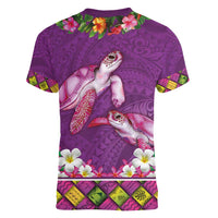 Hawaiian Lei Turtle and Plumeria Women V-Neck T-Shirt Polynerian Art Tattoo-Mauve Color LT03 - Polynesian Pride