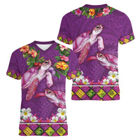 Hawaiian Lei Turtle and Plumeria Women V-Neck T-Shirt Polynerian Art Tattoo-Mauve Color LT03 - Polynesian Pride