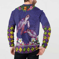Hawaiian Lei Turtle and Plumeria Button Sweatshirt Polynerian Art Tattoo-Navy Color