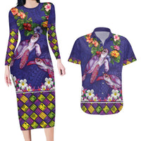 Hawaiian Lei Turtle and Plumeria Couples Matching Long Sleeve Bodycon Dress and Hawaiian Shirt Polynerian Art Tattoo-Navy Color LT03 Navy - Polynesian Pride