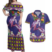 Hawaiian Lei Turtle and Plumeria Couples Matching Off Shoulder Maxi Dress and Hawaiian Shirt Polynerian Art Tattoo-Navy Color LT03 Navy - Polynesian Pride