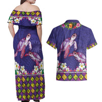 Hawaiian Lei Turtle and Plumeria Couples Matching Off Shoulder Maxi Dress and Hawaiian Shirt Polynerian Art Tattoo-Navy Color LT03 - Polynesian Pride