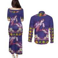 Hawaiian Lei Turtle and Plumeria Couples Matching Puletasi and Long Sleeve Button Shirt Polynerian Art Tattoo-Navy Color LT03 - Polynesian Pride