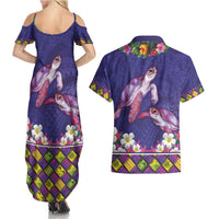 Hawaiian Lei Turtle and Plumeria Couples Matching Summer Maxi Dress and Hawaiian Shirt Polynerian Art Tattoo-Navy Color LT03 - Polynesian Pride