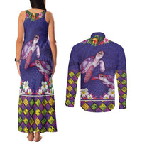 Hawaiian Lei Turtle and Plumeria Couples Matching Tank Maxi Dress and Long Sleeve Button Shirt Polynerian Art Tattoo-Navy Color