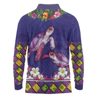 Hawaiian Lei Turtle and Plumeria Long Sleeve Polo Shirt Polynerian Art Tattoo-Navy Color LT03 - Polynesian Pride