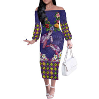 Hawaiian Lei Turtle and Plumeria Off The Shoulder Long Sleeve Dress Polynerian Art Tattoo-Navy Color LT03 Women Navy - Polynesian Pride